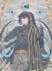  1boy aqua_eyes belt black_eyes black_hair blue_eyes commentary cowboy_shot cyborg grey_pants grin hand_on_own_chest hands_up headphones heterochromia high_ponytail highres hong_lu_(project_moon) kalliope_orc limbus_company long_hair looking_at_viewer male_focus mechanical_arms pants ponytail project_moon repudiation_(e.g.o) shawl smile solo standing teeth untranslatable_commentary very_long_hair yellow_shawl 