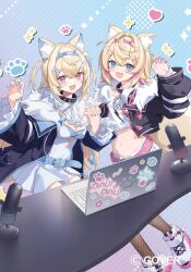  2girls animal_collar animal_ears bandaid bandaid_hair_ornament belt bib_collar black_collar black_jacket blonde_hair blue_belt blue_eyes blue_nails blue_streaks brown_thighhighs center_frills chain claw_pose cleavage_cutout clothing_cutout collar colored_shoe_soles commentary_request computer cropped_jacket cropped_shirt cutout_above_navel detached_collar dog_ears dog_girl dog_tail dress fake_horns fangs fishnets frills fur-trimmed_jacket fur_trim fuwawa_abyssgard fuwawa_abyssgard_(1st_costume) hair_ornament hairband headphones headphones_around_neck holding_hands hololive horn_hairband horns interlocked_fingers jacket laptop long_hair microphone mococo_abyssgard mococo_abyssgard_(1st_costume) multicolored_hair multiple_girls navel official_art pink_belt pink_eyes pink_nails pink_streaks pleated_skirt shirt shoes short_dress short_hair siblings single_claw_pose skin_fangs skirt smile sneakers spiked_collar spikes streaked_hair tail thigh-highs twins two_side_up virtual_youtuber wang_man white_dress white_shirt white_shoes white_skirt 