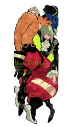  2boys arm_around_shoulder arm_up ascot black_boots black_gloves black_jacket black_shoes blue_hair boots clenched_hand closed_mouth commentary_request fang_wo_zou_aaaaaa frilled_sleeves frills frown full_body galo_thymos gloves green_hair hair_behind_ear happy_birthday highres jacket lio_fotia long_sleeves male_focus multiple_boys multiple_scars navel nipples pants pectorals profile promare red_pants rubber_gloves scar scar_on_arm scar_on_shoulder shoes short_hair simple_background sweat topless_male very_short_hair violet_eyes white_ascot white_background 
