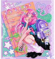  1girl anchor_symbol arizuume backpack bag bag_charm bandaid bandaid_on_cheek bandaid_on_face bandaid_on_nose black_shoes black_skirt blue_eyes blue_nails blue_shirt blush bow charm_(object) commentary full_body hair_bobbles hair_bow hair_ornament hairclip hand_on_own_cheek hand_on_own_face heart highres hirose_yasuho holding holding_phone jojo_no_kimyou_na_bouken jojolion leg_warmers long_hair looking_at_viewer makeup multicolored_nails multiple_hairclips nail_polish parted_lips phone pink_hair pink_lips pink_nails pleated_skirt purple_bag shirt shoes short_sleeves skirt solo sparkle squatting star_(symbol) teeth twintails untranslatable_commentary white_leg_warmers yellow_bow yellow_nails 