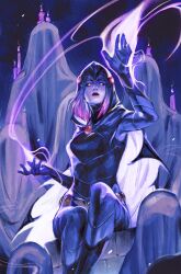  1girl absurdres black_bodysuit bodysuit candle cloak closed_mouth commentary dc_comics english_commentary gem_belt glowing glowing_eyes highres jessica_fong looking_at_viewer magic official_art purple_cloak raven_(dc) sitting solo teen_titans textless_cover_page textless_version 