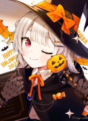  1girl ;) binchou_maguro black_capelet black_gloves black_hat blush book bow capelet cevio closed_mouth collared_shirt commentary gloves grey_hair hair_ornament hairclip halloween happy_halloween hat hat_bow highres holding holding_book jack-o'-lantern koharu_rikka lace lace_gloves looking_at_viewer neck_ribbon one_eye_closed orange_bow orange_ribbon parallel_hairclips red_eyes ribbon shirt short_hair simple_background smile solo synthesizer_v upper_body white_background white_shirt witch_hat 