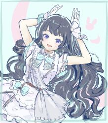  1girl :d aqua_background aqua_bow aqua_bowtie arms_up black_hair blue_eyes bow bowtie commentary dress floating_hair gloves hair_ribbon highres idol_clothes long_hair looking_at_viewer nijisanji nijisanji_idol_uniform onnnoji_(pguk6otsu642629) open_mouth rabbit_pose ribbon short_sleeves smile solo tsukino_mito virtual_youtuber white_dress white_gloves 