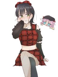  2girls anyoji_hime black_hair black_hat black_pantyhose blush bow chibi chibi_inset colored_skin commentary_request crop_top crossed_legs detached_sleeves fishnet_pantyhose fishnets green_eyes grin hair_bow hasu_no_sora_pop_up_shop_gothic_punk_collection hat highres invisible_chair love_live! love_live!_hasu_no_sora_jogakuin_school_idol_club midriff miha_(mihasu_ll) miniskirt momose_ginko multiple_girls navel pantyhose plaid_bow plaid_clothes plaid_shirt red_bow red_shirt red_skirt shirt short_hair single_fishnet_legwear sitting skirt sleeveless sleeveless_shirt sleeves_past_wrists smile solo_focus twintails virtual_youtuber white_background 