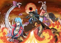  1girl 2boys animal aqua_eyes arm_out_of_sleeve armor axe battle_axe belt belt_collar black_coat black_gloves black_hair black_shoes blue_eyes blue_hair blue_pants bow breath_weapon breathing_fire brown_eyes brown_hair chain chain_necklace closed_mouth coat collar commentary_request disembodied_eye dragon earrings eastern_dragon eyeball fake_horns fingerless_gloves fins fire floating forehead_protector frog gauntlets glint gloves green_jacket hair_bow hand_on_own_hip head_fins highres holding holding_axe holding_knife horned_headwear horns huge_weapon jacket japanese_clothes jewelry katana kimono knife lapels long_hair looking_at_another looking_at_viewer monster multiple_boys necklace obi official_art open_clothes open_jacket open_mouth orochimaru_(tengai_makyou) over_shoulder oversized_animal pants parted_lips pauldrons pink_sash ponytail purple_kimono red_belt red_bow red_collar red_eyes red_sky sash shoes short_hair short_kimono shoulder_armor skull_necklace sky smile snail standing sword tengai_makyou tengai_makyou_ziria tsujino_yoshiteru tsunade_(tengai_makyou) tusks water weapon weapon_over_shoulder ziria_(tengai_makyou) 