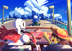  1other 2boys absurdres androgynous arm_up black_eyes blue_jacket blue_sky brothers brown_hair cape car city closed_eyes clouds colored_skin commentary_request convertible day driving frisk_(undertale) gloves go-kart hat highres hood hood_down hooded_jacket jacket lamppost long_sleeves looking_at_another motor_vehicle multiple_boys open_mouth outdoors papyrus_(undertale) red_cape red_gloves sans_(undertale) short_sleeves siblings skeleton sky sun_hat teeth undertale utdr_(toby_fox) watawata22 yellow_skin 