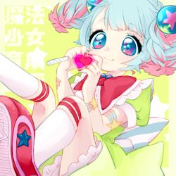  1girl blue_hair bow bowtie closed_mouth commentary_request dreamy_chelsea dress hair_ornament heart holding magical_girl mahou_shoujo_ikusei_keikaku mahou_shoujo_ikusei_keikaku_breakdown multicolored_hair ocnccncn pink_hair pink_nails red_bow red_bowtie shoes short_hair smile socks star_(symbol) star_print translation_request two-tone_hair white_socks yellow_background 