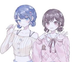  2girls blue_eyes blue_hair blush brown_eyes brown_hair crop_top double_bun earrings finger_to_cheek hair_bun hair_ornament hairclip highres jewelry kiritani_haruka long_sleeves looking_at_viewer low_twintails midriff multiple_girls navel neck_ribbon off_shoulder pink_eyes pink_sweater project_sekai ribbon sailor_collar sakukot_t shinonome_ena side-by-side simple_background smile sweater twintails upper_body v-neck waving white_background 