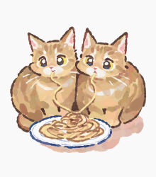  animal animal_focus cat eating food gentlecat highres no_humans original pasta plate simple_background spaghetti white_background yellow_eyes 