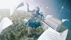  1girl absurdres black_shoes blue_butterfly blue_eyes blue_hair blue_skirt blue_sky bug butterfly colored_inner_hair falling_petals field flower flower_field full_body gradient_sky hand_up high_heels highres instrument ishida_tatsuki jewelry long_hair long_sleeves looking_up multicolored_hair necklace pantyhose petals piano rk_music sample_watermark sash sheet_music shirt shoes single_leg_pantyhose skirt sky solo virtual_youtuber watermark white_flower white_hair white_pantyhose white_petals white_sash white_shirt yono_(rk_music) 