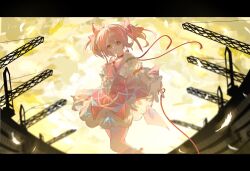  1girl backlighting bare_shoulders bow building charlotte_(user_vtsr2573) choker closed_mouth clouds cloudy_sky commentary_request cowboy_shot dress feathers gloves hair_bow highres in-universe_location kaname_madoka kaname_madoka_(magical_girl) long_hair looking_at_viewer magical_girl mahou_shoujo_madoka_magica mahou_shoujo_madoka_magica:_walpurgis_no_kaiten official_alternate_costume pink_bow pink_dress pink_hair reaching reaching_towards_viewer red_choker red_ribbon ribbon short_sleeves short_twintails sky smile solo string string_of_fate twintails white_feathers white_gloves yellow_background yellow_eyes 