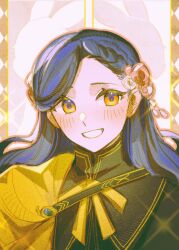  1girl black_jacket blue_hair blush brown_eyes cape grin hair_ornament highres honzuki_no_gekokujou jacket leorlontyan long_hair looking_at_viewer myne_(honzuki_no_gekokujou) neck_ribbon ribbon side_cape smile solo sparkle upper_body yellow_cape yellow_ribbon 