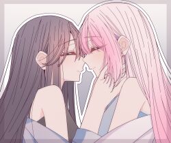  2girls absurdres black_hair black_tank_top border closed_eyes closed_mouth commentary gradient_background grey_background grey_border hands_on_another's_neck highres hitozuma_kyoushi_ga_oshiego_no_joshikousei_ni_dohamari_suru_hanashi ichigohara_itsuki kousaka_0v0 long_hair multiple_girls off_shoulder outline pink_hair profile tank_top togawa_rin upper_body white_outline yuri 