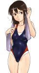  1girl brown_hair competition_swimsuit gus_(clarkii) hair_tucking legs one-piece_swimsuit original solo swimsuit towel wet 