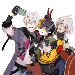  4boys 5012_(a_date_with_death) a_date_with_death ahoge anger_vein annoyed atlas_(a_date_with_death) black_gloves black_hair black_necktie blonde_hair casper_(a_date_with_death) chest_harness clipboard closed_eyes closed_mouth crossed_bangs eyeshadow fang fingerless_gloves gloves grin hair_ornament hairclip half_gloves harness head_hug head_tilt holding holding_clipboard holding_phone jacket long_sleeves looking_at_phone makeup male_focus mole mole_under_eye multicolored_hair multiple_boys necktie official_art phone pout promotional_art purple_eyeshadow rabbit_hair_ornament red_eyes red_eyeshadow rowan_(a_date_with_death) selfie short_hair short_hair_with_long_locks simple_background sitting smile standing streaked_hair two-sided_gloves v violet_eyes white_background white_hair yellow_eyes yellow_eyeshadow yellow_jacket 