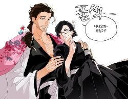  1boy 1girl absurdres arm_hair beard_stubble black_eyes black_hair black_hakama bleach brown_eyes brown_hair cape chest_harness facial_hair folded_ponytail frypannn glasses hakama hand_hair haori harness highres ise_nanao japanese_clothes korean_text kyouraku_shunsui long_hair low_ponytail pectoral_cleavage pectorals pink_cape ponytail simple_background stubble sweatdrop taichou_haori translation_request white_haori 