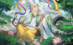  1girl absurdres alchemy_stars blue_sky cangxxx chen'ni chinese_clothes chinese_commentary choko_(cup) clouds commentary_request cup day dragon_horns dragon_tail earrings eastern_dragon_horns facial_mark flower forehead_mark hagoromo highres horns jewelry lily_pad long_hair long_sleeves lotus outdoors pants pink_flower pink_shawl pointy_ears shawl sitting sky sword tail tree very_long_hair violet_eyes weapon white_hair yellow_pants yellow_shawl 