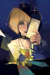  1girl absurdres collar commentary cyberpunk_(series) cyberpunk_2077 dar_puppy english_commentary green_eyes highres holding looking_at_viewer misty_olszewski multiple_views short_hair sitting solo sparkle spiked_collar spikes 