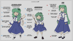  1girl :d absurdres ahoge anger_vein arms_at_sides bare_shoulders black_shoes blue_eyes blue_hairband blue_skirt blue_trim blush_stickers breasts bright_pupils clenched_hand clenched_hands closed_mouth collared_shirt commentary detached_sleeves dot_nose empty_eyes english_commentary english_text frog_hair_ornament full_body gohei green_eyes green_hair hair_ornament hair_tubes hairband highres holding holding_gohei kochiya_sanae loafers long_hair long_skirt long_sleeves looking_at_viewer loose_socks mary_janes medium_breasts medium_hair midriff multiple_views navel nontraditional_miko open_mouth pelonchas_art pointing_out_the_details reference_sheet shide shirt shoes side_ponytail signature simple_background single_hair_tube skirt sleeveless sleeveless_shirt small_breasts smile snake_hair_ornament sneakers socks solo_focus split_mouth standing star_(symbol) straight_hair touhou twitter_username v-shaped_eyebrows very_long_hair wavy_hair white_background white_pupils white_shirt white_sleeves white_socks wide_sleeves yellow_eyes 