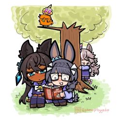  3girls animal_ears animalization back_bow bird black_hair blue_eyes blush book bow bowtie braid brown_hair chibi chibi_only closed_eyes crown dark-skinned_female dark_skin ear_covers earrings facing_another glasses grey_hair hair_between_eyes holding holding_book horse_ears horse_girl horse_tail jewelry long_hair long_sleeves looking_at_object multicolored_hair multiple_girls open_book open_mouth outdoors pikminpreggedup reading school_uniform shirt single_ear_cover sitting skirt smile standing symboli_kris_s_(umamusume) t.m._opera_o_(umamusume) tail the_witcher_(series) thigh-highs tracen_school_uniform tree two-tone_hair umamusume wonder_acute_(umamusume) zenno_rob_roy_(umamusume) 