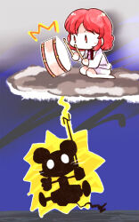  2girls animal_ears black_shirt chibi chibi_only clouds commentary_request dowsing_rod drum drumsticks electrocution full_body holding holding_dowsing_rod holding_drumsticks horikawa_raiko instrument jacket lightning mouse_ears mouse_girl mouse_tail multiple_girls nazrin necktie no_mouth pink_necktie playing_instrument red_eyes red_hair shirt short_hair sitting skirt tail touhou uriah-oyu white_jacket white_skirt 
