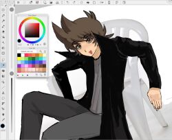  1boy :d animification antenna_hair art_program_in_frame black_coat brown_eyes brown_hair cabbage2y2 chair coat commentary eddsworld flipped_hair grey_pants grey_shirt hair_ears highres long_sleeves looking_at_viewer male_focus open_clothes open_coat pants prototype_design shirt short_hair simple_background sitting smile solo tord_(2004)_(eddsworld) tord_(eddsworld) trench_coat white_background 