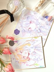  2girls :/ :d animal_ears averting_eyes bat_wings blonde_hair cat_ears flandre_scarlet flower gloves highres kemonomimi_mode long_hair looking_at_viewer maid_headdress moko_(mokochisa) multiple_girls paw_pose pink_flower red_eyes remilia_scarlet shikishi short_hair siblings sisters smile touhou traditional_media violet_eyes wax_seal white_gloves wings wrist_cuffs 