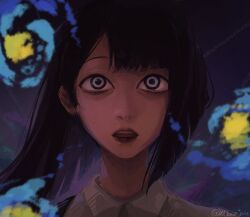  1girl asymmetrical_hair black_hair blunt_bangs clown_juice collared_shirt commentary dark-skinned_female dark_skin ena_(ena) ena_(series) english_commentary highres human_ena long_hair looking_at_viewer portrait school_uniform shirt solo suspenders white_eyes 