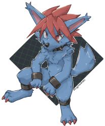  animal_ears animal_nose artist_name claws collar cool_the_cerberus cuffs highres hiyaudon nail_polish no_humans purple_fur red_hair scar scar_across_eye scar_on_face shin_megami_tensei shin_megami_tensei_devil_children sitting spiked_collar spikes 