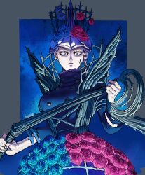  1girl black_clover blonde_hair blue_eyes blue_flower blue_rose blzebvb border braid charlotte_roselei commentary crinoline english_commentary fake_horns flower frown furrowed_brow grey_border helmet highres holding holding_whip horned_helmet horns jacket looking_down outside_border plant red_flower red_rose rose side_braid single_horn solo thorns vine_whip vines whip 
