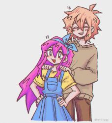  1boy 1girl aged_down alternate_costume alternate_universe antenna_hair aubrey_(faraway)_(omori) aubrey_(omori) bad_id bad_twitter_id basil_(faraway)_(omori) basil_(omori) black_eyes blue_overalls blush bright_pupils brown_pants brown_sweater character_age closed_eyes commentary double-parted_bangs english_commentary grey_background hair_between_eyes hands_on_another's_shoulders hands_on_own_hips long_hair long_sidelocks long_sleeves looking_at_viewer omori open_mouth overall_skirt overalls pants pink_hair shirt short_hair short_sleeves sidelocks simple_background smile sweater t-shirt twitter_username white_pupils yellow_shirt yuilu_(yuiluqqq) 