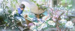  2boys arch_bridge architecture black_hair blue_vest blurry boat branch bridge calligraphy canal chinese_clothes chinese_text closed_mouth conical_hat crowd dappled_sunlight day depth_of_field east_asian_architecture flower glowing hair_between_eyes hat highres holding holding_plant hydrangea lantern leaf light_particles looking_at_object multiple_boys new_year original outdoors pants paper_lantern pink_flower plant plum_blossoms red_ribbon reflection ribbon ripples river short_hair sitting sprout stone_bridge sunlight tangzhuang translation_request vest water watercraft white_flower white_sleeves willow yusongrmdsuki 