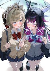 2girls absurdres bag black_bag black_hair black_shoes blue_bow blue_bowtie blue_eyes blue_skirt bow bowtie brown_cardigan brown_hair cardigan closed_mouth columbina_(genshin_impact) commentary_request eye_contact eye_mask foreshortening from_above genshin_impact grey_cardigan hair_bun hair_intakes head_wings highres holding holding_bag holding_umbrella loafers locked_arms long_hair long_sleeves looking_at_another looking_to_the_side mask miniskirt mokyukyu_2339 multicolored_hair multiple_girls open_mouth pleated_skirt purple_hair red_bow red_bowtie sandrone_(genshin_impact) school_bag school_uniform shoes shoulder_bag single_hair_bun skirt smile socks standing straight_hair transparent transparent_umbrella two-tone_hair umbrella violet_eyes white_socks white_wings wings yuri 