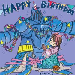  1boy 1girl armor artist_name bow brown_gloves closed_eyes commentary draug_(fire_emblem) edaorim english_commentary facing_another fire_emblem gloves hair_bow happy_birthday japanese_clothes kimono minamoto_mamori open_mouth pink_bow sparkle star_(symbol) tokyo_mirage_sessions_fe 