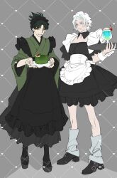  2boys absurdres apron black_apron black_boots black_dress black_sandals blackshock blue_eyes boots cake cherry chinese_commentary commentary_request crossdressing crossdressing_(mtf) detached_collar dress enmaided eyeshadow face_piercing food frilled_skirt frilled_sleeves frills fruit full_body granyon green_eyes green_kimono grey_background grey_skirt grid grin heart high_heel_boots high_heels high_ponytail highres holding holding_cake holding_food holding_tray ice_cream ice_cream_float japanese_clothes kagurabachi kimono leg_warmers lip_piercing maid maid_apron maid_headdress makeup male_focus male_maid misaka_natsuki multiple_boys piercing platform_sandals ponytail puffy_short_sleeves puffy_sleeves red_eyeshadow sandals scar scar_on_face scar_on_nose short_hair short_ponytail short_sleeves skirt smile soda square_neckline tray uruha_youji waist_apron white_apron white_hair white_leg_warmers white_wrist_cuffs wrist_cuffs 