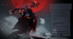  1girl alt_text arm_at_side arm_guards black_boots black_cloak black_pants black_shirt boots breasts cloak closed_mouth commentary concept_art cropped_shirt crossbow dongho_kang dota_(series) dota_2 drow_ranger_(dota) english_commentary foot_out_of_frame highres holding holding_crossbow holding_weapon lips looking_at_viewer medium_breasts midriff moon navel nose official_art outdoors over_shoulder pants quiver red_eyes red_moon shirt sketch snowing solo standing weapon weapon_over_shoulder 