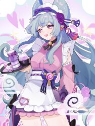  1girl :d absurdres bell blue_hair commentary_request dango dango_milk_(genshin_impact) food frilled_hairband frills genshin_impact hairband heart highres holding holding_tray japanese_clothes kimono long_hair long_sleeves maid neck_bell nihongami obi_bow pink_background pink_kimono pink_pupils pink_sleeves pointy_ears purple_tail raimu_(raimuo_illust) sash sleeveless sleeveless_kimono smile solo tail tapir_tail tray very_long_hair violet_eyes wa_maid wagashi white_sash yumemizuki_mizuki 
