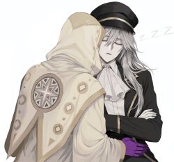  1boy 1other absurdres akivili_(honkai:_star_rail) ascot black_hat black_jacket buttons cape closed_eyes collared_shirt crossed_arms design_speculation facing_away four-pointed_star gloves hat highres honkai:_star_rail honkai_(series) hood hooded_cape isee_(honkai:_star_rail) jacket lapels long_sleeves male_focus mvgwq open_clothes open_jacket open_mouth other_focus other_with_male pale_skin peaked_cap purple_gloves robe russian_commentary shirt simple_background sleeping star_(symbol) star_print upper_body white_ascot white_background white_gloves white_robe white_shirt yellow_cape zzz 