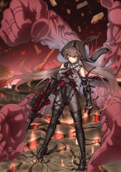  1girl absurdres assault_rifle bare_shoulders black_groza_(girls'_frontline_2) black_leotard black_veil bodysuit boots breasts brown_hair commentary_request covered_navel crack cracked_floor debris extra_arms full_body girls'_frontline_2:_exilium girls_frontline gloves gun hair_between_eyes high_heel_boots high_heels highleg highleg_leotard highres holding holding_gun holding_weapon legs_apart leotard light_frown long_hair medium_breasts ots-14_(girls'_frontline) ouga_(user_ctzw2237) rifle see-through_clothes see-through_veil serious solo standing thigh_boots twintails veil very_long_hair weapon yellow_eyes 