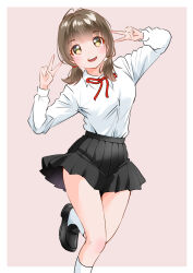  1girl black_shoes black_skirt brown_eyes brown_hair commentary_request double_v hair_tie looking_at_viewer neck_ribbon open_mouth original pink_background pleated_skirt red_ribbon ribbon school_uniform shoes simple_background skirt socks solo standing standing_on_one_leg twintails v white_socks yamanaka_kouji_(yanchiki2001) 
