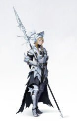  1girl arm_belt armor belt belt_buckle black_shirt blonde_hair blue_eyes braid breastplate breasts brown_belt buckle commentary concept_art couter cuisses english_commentary eyelashes fantasy full_body gauntlets gorget gradient_background greaves hair_tie helmet highres holding holding_polearm holding_weapon lips long_hair looking_to_the_side nose original parted_lips pauldrons plackart polearm poleyn realistic sabaton shadow shirt shoulder_armor sidelocks simple_background small_breasts solo spear standing turtleneck turtleneck_shirt twin_braids visor_(armor) weapon white_background 