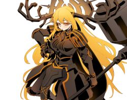  1girl :o antlers arm_at_side armor black_armor black_cape black_necktie black_pants black_shirt blonde_hair breastplate cape collared_shirt couter don_quixote_(project_moon) faulds from_side gauntlets hammer highres holding holding_hammer horns le_noir_(identity)_(project_moon) limbus_company long_hair looking_at_viewer necktie open_mouth orange_eyes orange_trim pants pauldrons project_moon rerebrace shirt shoulder_armor simple_background solo tassets thousand_chimer vambraces very_long_hair white_background 