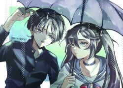  1boy 1girl alternate_costume arm_at_side artist_name asymmetrical_bangs black_bow black_hair black_jacket black_sleeves blue_sailor_collar blunt_bangs blunt_ends border bow choker collarbone contemporary curtained_hair ear_piercing eyeliner gakuran genshin_impact green_background grey_umbrella hair_between_eyes hair_bow hand_up highres holding holding_umbrella jacket long_hair long_sleeves looking_at_another looking_past_viewer makeup milky_beri15 mona_(genshin_impact) open_collar open_mouth piercing purple_choker rain red_eyeliner sailor_collar scaramouche_(genshin_impact) school_uniform serafuku shared_umbrella sidelocks star_(symbol) star_choker swept_bangs teeth tsurime twintails umbrella uneven_eyes upper_teeth_only violet_eyes white_border white_serafuku white_sleeves white_trim wispy_bangs wolf_cut 