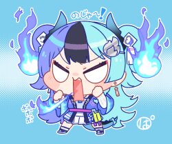  1girl achichi_mela black_hair blank_eyes blue_background blue_hair blush_stickers breath_weapon breathing_fire chibi chibi_only clenched_hands commentary_request double-parted_bangs fire full_body halftone halftone_background hololive long_hair multicolored_hair open_mouth outline panjamunoname_(nononanameme) purple_hair solo split-color_hair standing v-shaped_eyebrows v-shaped_eyes very_long_hair white_outline 
