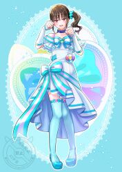  1girl :o aqua_background aqua_boots aqua_bow aqua_scrunchie aqua_theme arm_warmers bare_shoulders blue_bow blue_choker blunt_bangs blush boots bow bow_choker brooch brown_hair chest_bow choker collarbone commentary commission cosplay cure_lillian cure_lillian_(cosplay) curled_fingers dress dress_bow embarrassed fingernails frilled_arm_warmers frilled_dress frills full_body furrowed_brow hair_ornament hair_scrunchie hands_up heart heart_brooch high_heel_boots high_heels highres jewelry lace_background light_smile lips long_hair looking_at_viewer magical_girl medium_dress multicolored_bow multiple_views nekoyashiki_mayu off-shoulder_dress off_shoulder open_mouth outline pact_holder paw_pose pigeon-toed ponytail pouch precure raised_inner_eyebrows scrunchie self-cosplay shiny_cats_pact side_ponytail skeb_commission solo sparkle standing striped_bow tearing_up teeth thick_eyebrows thigh_boots upper_teeth_only violet_eyes waka_(negronoir) watermark white_arm_warmers white_dress white_outline wonderful_precure! zettai_ryouiki 
