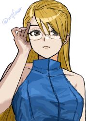  1girl ace_attorney adrian_andrews bare_shoulders blonde_hair blue_shirt breasts brown_eyes closed_mouth commentary_request deun_(wqfzwr) glasses hair_between_eyes highres long_hair looking_at_viewer medium_breasts shirt sleeveless sleeveless_shirt solo twitter_username upper_body white_background 