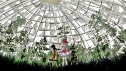2girls akemi_homura black_hair braiding_another's_hair braiding_hair co2_0217 dress facing_away foliage grass greenhouse hairdressing highres indoors kaname_madoka kaname_madoka_(magical_girl) long_hair magical_girl mahou_shoujo_madoka_magica mahou_shoujo_madoka_magica_(anime) mitakihara_school_uniform multiple_girls petticoat pink_dress pink_hair plant puffy_short_sleeves puffy_sleeves scenery school_uniform shirt short_sleeves sitting skirt standing wide_shot yellow_shirt