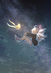  1girl :d absurdres ahoge backpack bag black_jacket black_sky blue_archive blue_hair blue_outline blush clouds cloudy_sky commentary_request crossover english_text falling film_grain hair_ornament halo highres jacket jirachi kneehighs long_sleeves looking_at_animal low_twintails multicolored_hair night norio_(norio386) open_clothes open_jacket outline outstretched_arms pink_hair pink_halo pleated_skirt pokemon purple_socks reisa_(blue_archive) shoes sidelocks skirt sky smile socks star_(sky) star_(symbol) star_hair_ornament star_halo streaked_hair striped_clothes striped_socks twintails violet_eyes watermark white_skirt 
