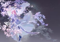  1girl absurdres aegyo_sal ankle_socks arm_up black_boots blue_bow blue_garter blue_hat blue_kimono blue_ribbon boots bow branch cherry_blossoms chinese_commentary closed_mouth commentary_request contrast_collar dancing expressionless eyelashes fengyuyinhezi floating floating_clothes flower folding_fan frilled_garter frilled_headwear frilled_kimono frills full_body grey_background hair_between_eyes hand_fan hat high_heel_boots high_heels highres holding holding_fan japanese_clothes juliet_sleeves kimono leg_up light_frown long_sleeves looking_ahead loose_socks medium_hair mob_cap neck_ribbon petals pink_eyes pink_flower pink_hair puffy_sleeves ribbon saigyouji_yuyuko sleeve_garter socks solo spiral_print touhou triangular_headpiece upturned_eyes waist_bow white_socks wide_sleeves 