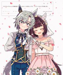  2girls animal_ears bare_shoulders blue_eyes blue_shorts blush bow breasts bridal_veil brown_hair closed_eyes closed_mouth collarbone corsage dress ear_covers ear_flower flower flower_on_chest gloves grey_hair heart heart_hands heart_hands_duo highres horse_ears horse_girl horse_tail jacket jewelry long_sleeves multiple_girls necklace nishino_flower_(sweet_juneberry)_(umamusume) nishino_flower_(umamusume) off-shoulder_dress off_shoulder official_alternate_costume open_mouth pearl_necklace petals seiun_sky_(soiree_des_chatons)_(umamusume) seiun_sky_(umamusume) shirt short_hair shorts single_ear_cover small_breasts smile string_of_pearls tail umamusume veil wedding_dress white_gloves white_jacket white_shirt wife_and_wife yoka 